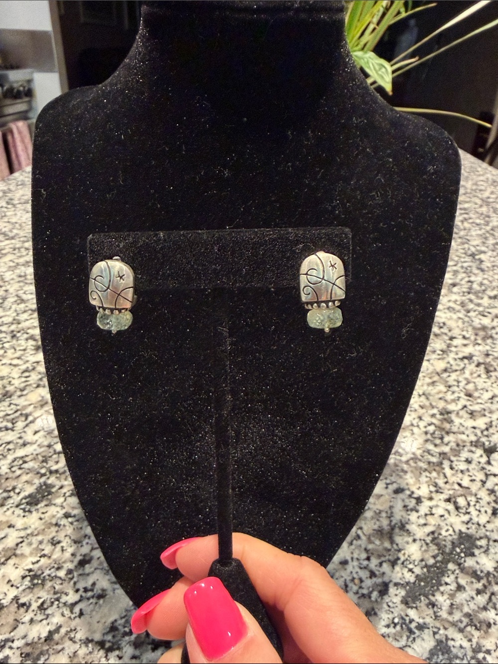 Lisa Jenks 925 Silver Drop Earrings with Light Green gemstone.